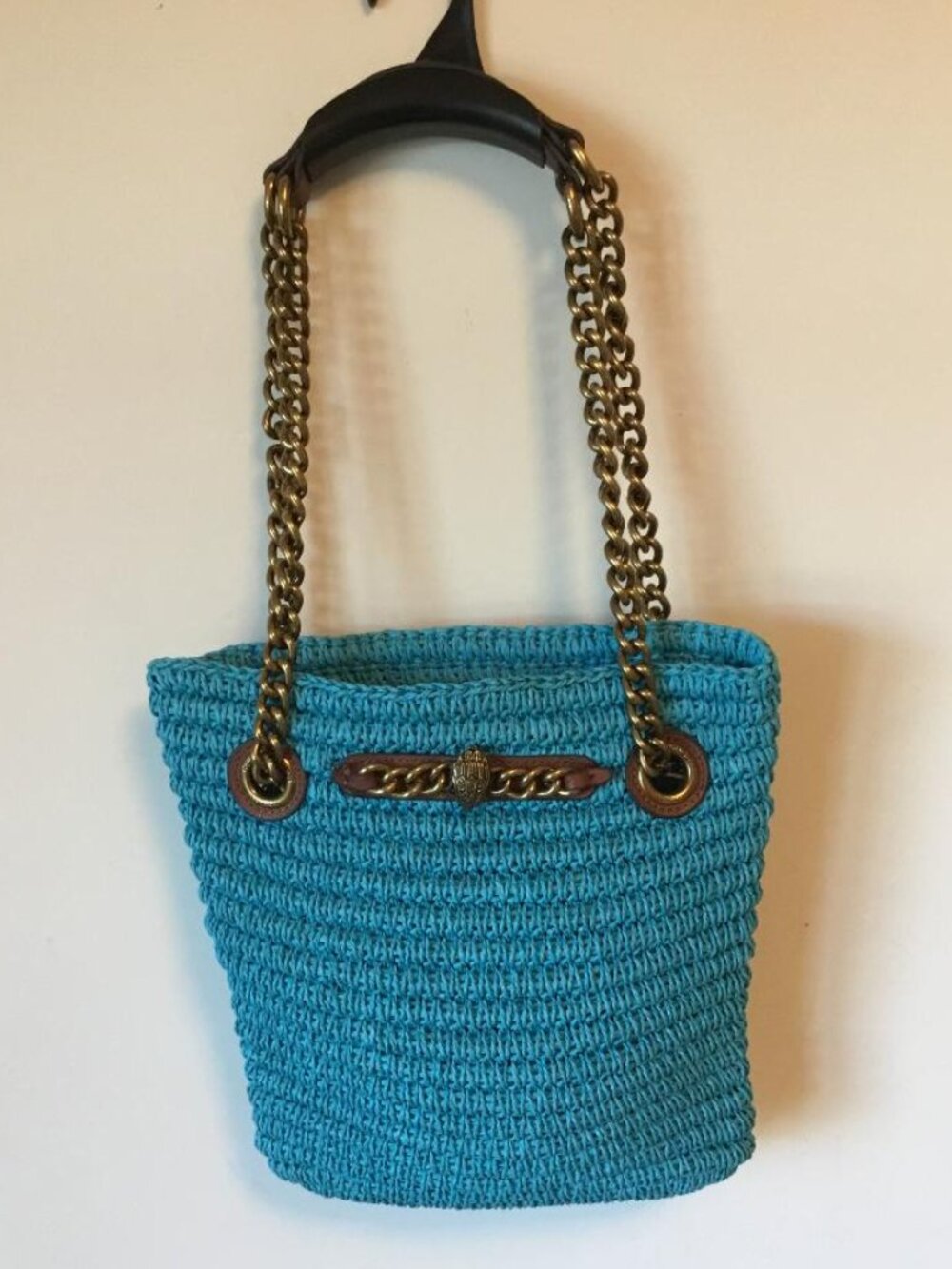 Kurt Geiger Chelsea Raffia Tote Bag in Teal Blue w/Chunky Chain Handles
